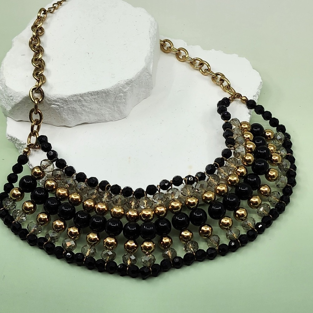 Black Gold Tone Beaded Multi Strand Bib Statement Necklace Faceted Glass Glam
